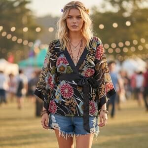 Vintage Y2K 2000s Wet Seal Kimono Style Top Blouse Medium Black Floral Tie Back